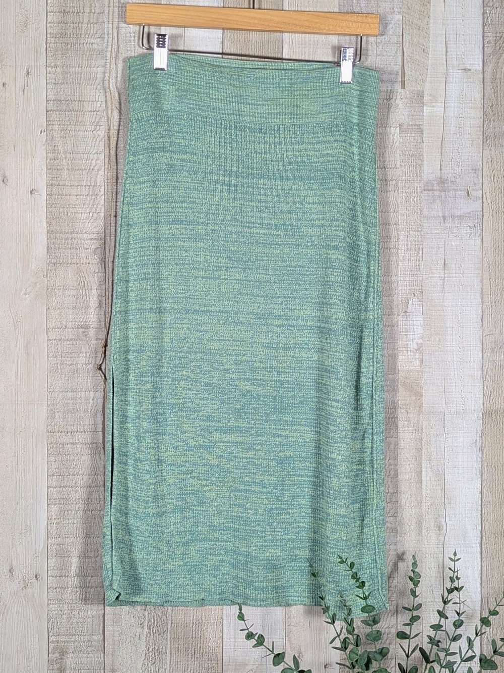 Free People Sage Green Knit Midi Skirt XL Boho Stretch Slit